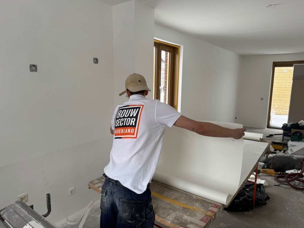 Vakman van Bouwsector Nederland houdt een baan behang vast boven de plaktafel